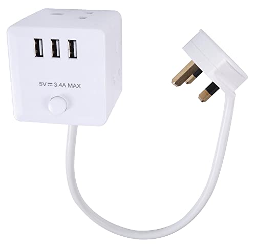PRO ELEC PELB1480 - 3‑Gang Cube Mains Extension Lead with USB, 1 m, White
