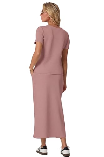 Image of GRECERELLE Women Summer Casual 2 Piece Sets V-Neck Wrinkle-Free Top & Elastic Waist Midi Side Slit Skirt with Pockets