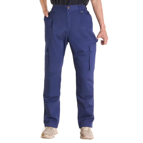 Image of VEVOR FR Pants for Men, 9 oz 100% Cotton, Flame-Resistant Cargo Pants with Multi-Pockets and Elastic Waist, Reinforced Tear-Proof Stitching, Ideal for Welding Work and Casual Wear, M Size, Dark Blue