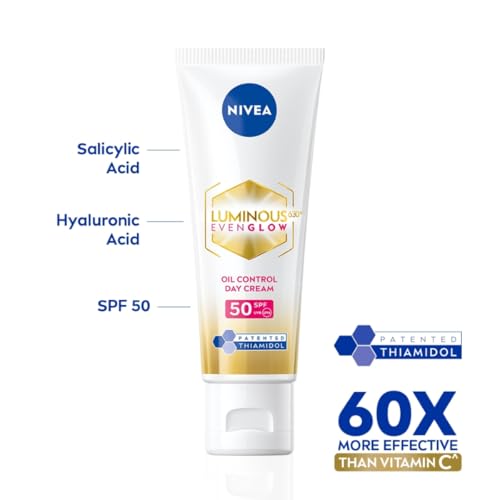 NIVEA Luminous Even Glow Oil Control Day Cream for face |SPF 50 with UV protection & UVA UVB filters | Thiamidol, Hyaluronic Acid, Vitamin E for Dark Spots Reduction & Deep Moisturization