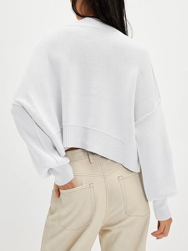 Yesfashion Womens Oversized Cropped Sweaters Crewneck Long Lantern Sleeve Side Split Ribbed Knit Pullover Sweater Tops4