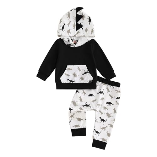 Ursobutegl Toddler Baby Boys Dinosaur Outfits Animal Hoodie Long Sleeve Sweatshirt Tops Jogger Pants Fall Winter Clothes Set (Black, 6-12 Months)