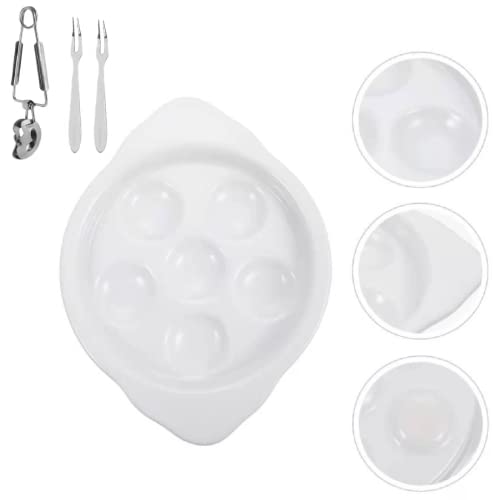 4pcs/Set Escargot Dish Oyster Tray Escargot Plate 6 Holes Ceramics Escargot Baking Dish Snail Plates 1x Snail Clip 2X Snail Fork White
