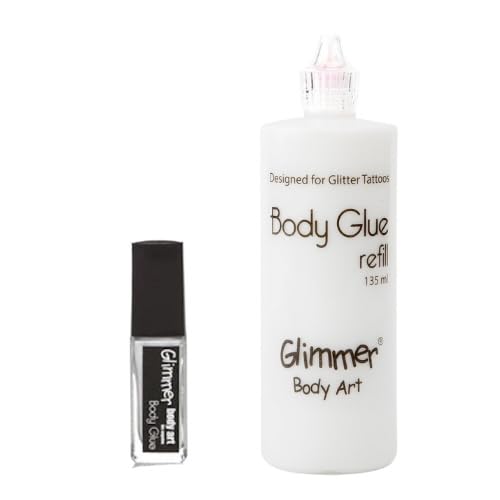 Glimmer Body Art Glue Bundle: (1) XL 135 mL Body Glue Refill & (1) Mini 10 mL Travel Tattoo Skin Glue for Body Art & Tattoos