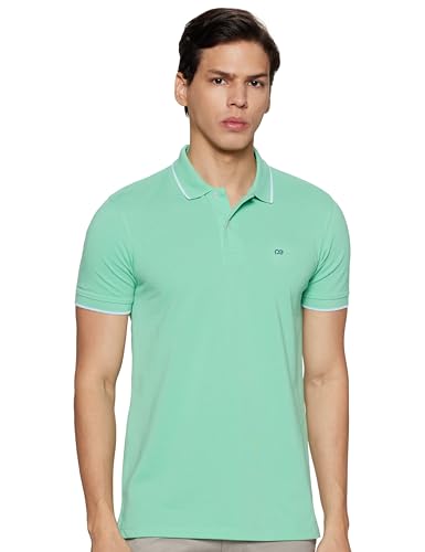 Image of Peter England Men's Snug Fit Solid Polo T-Shirt with Coloured Collar Tipping| Cotton Rich| Premium Pique Weave