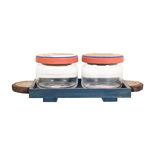 Image of AAKRITI ART CREATIONS Pichhwai Leela Snacks Storage Jars and Tray | Handcrafted Pichhwai Art Storage Jars | Kitchen Decoration Items Stylish Tray & Jars | Airtight Kitchen Containers with Tray
