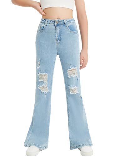 EXARUS Girls Flare Jeans Bell Bottom Teen Denim Pants Flared Ripped Cute Bootcut Mid Rise Elastic Band Pockets Kids