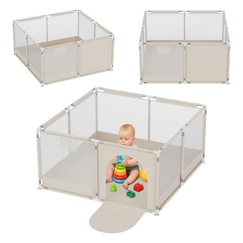 Tulano Cozy 20 Laufstall Baby 130x130 cm mit Boden Spielgitter für Babys 6 bis 36 Monate Tragbar Innen Außen Faltbar Netzwände Metallrahmen Kinderschutz Reisegitter Laufgitter Beige