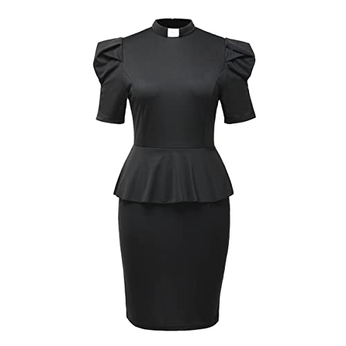 FAD-4U Church Clergy Dresses for Women Minister Short Sleeve Ruffle Slim Pencil Dress with Tab Collar