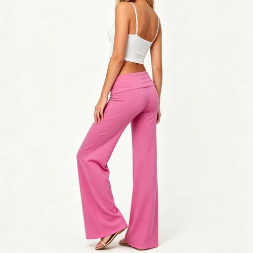 Image of Lounge Yoga Pants for Women Fold Over Low Waist Wide Leg Bell Bottoms