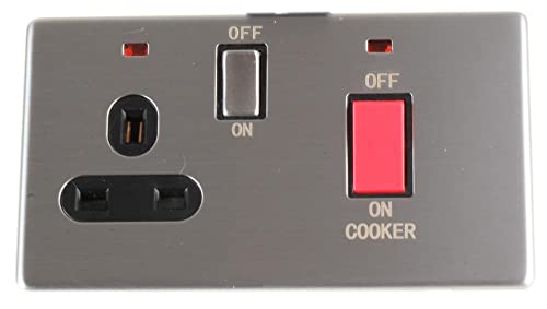 PRO ELEC Screwless Cooker Switch with Neon Indicator - 45A Cooker, 13A Socket, Stainless Steel Finish - PELB1154