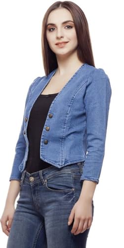 Image of Ootpatang Women's Denim Jacket, Blue, Cropped Style, Button Front, 3 /4 Sleeves, Fitted Blazer