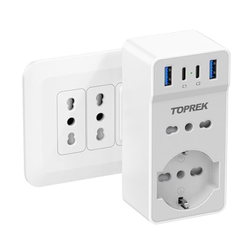 TOPREK Presa Multipla USB Salvaspazio con 4 USB(C1 20W PD3.0), Spina Italiana, 6 in 1 Adattatore Multipresa Elettrica da Muro con 1 Schuko & 1 Prese IT & 2 Type-C & 2 Type-A, 4000W/16A (Bianco)