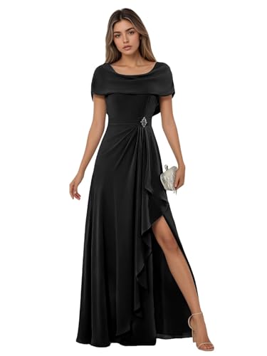 GAGC Mother of The Bride Dresses for Weddings Ruffles Chiffon Black Beaded Formal Empire Waist with Cape Sleeves Plus Size
