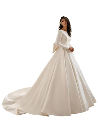 HUINI Langarm Brautkleider für die Braut A-Linie Rundhals Satin Lange Kirchliche Hochzeitskleider mit Schleppe für die Kirchliche Hochzeit Weiß 52