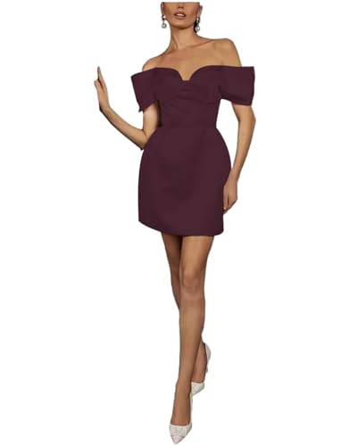 Image of TIANMEI Women's Short Satin Bridesmaid Dresses for Women Wedding Guest Dress with Bow Off the Shoulder Homecoming Gown Plus Size 22W Desert Rose