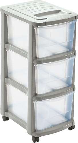 Tour de Rangement Plastique Ficelle - 3 Grands Tiroirs Transparents - avec Roulettes - Hauteur 65 cm - Fabriqué en France - Idéal pour Bureau, Maison et...