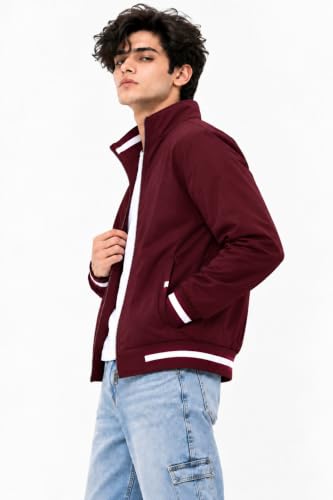 Image of Ben Martin Men's Jacket || Lightweight Casual Jacket with Standing Collar || Full Sleeve Zip-Up Windcheater Jacket with Striped Ribbed Cuffs & Hem