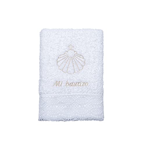 Toalla de bautizo bordada con puntilla. Toalla bautizo-Regalo .Bautismo bebé 100% algodón (Toalla...