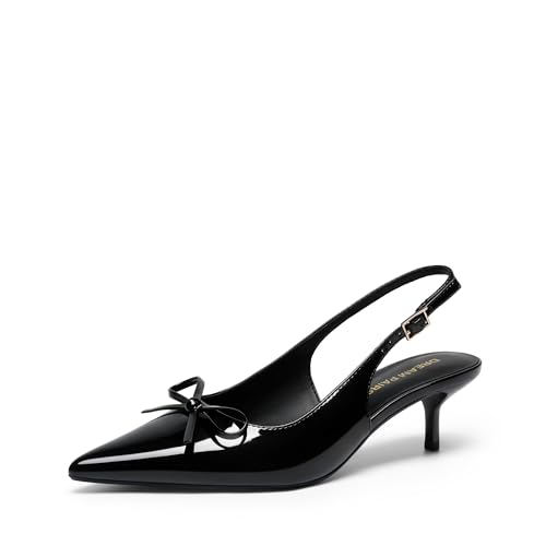 DREAM PAIRS Womens Slingback Kitten Heels Pointed Toe 2.17 Inch Low Bow Dress Shoes All Day Wear Comfortable Formal Wedding Pumps Size 7.5 Black-Pat SDPU26004W