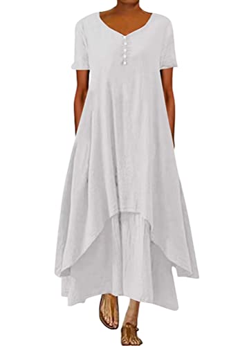 ORANDESIGNE Damen Baumwolle Leinen Einfarbig Kaftan Lose V-Ausschnitt Leinenkleid 2 in 1 Maxikleid Freizeitkleid Oversized Sommerkleid Strandkleider...