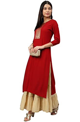 Image of Janasya Women's Maroon Rayon Solid Straight Kurta