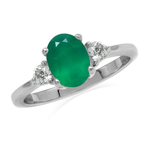 Silvershake 1.12ct. 8X6mm Oval Shape Natural Emerald Green Agate and White Topaz 925 Sterling Silver Engagement Ring Size 11.5