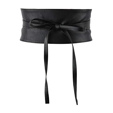 Women's Bowknot Faux Leather Wrap Around Self Tie Obi Cinch Waist Band Boho Belt - Black Cover