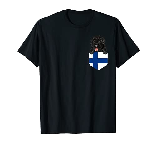 Finland Flag Bouvier des Flandres Dog In Pocket T-Shirt, Black