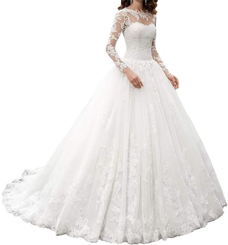 Tsbridal Long Sleeves Wedding Dress Ivory Ball Gown Lace Tulle Boho Bridal Dresses for Women US 4