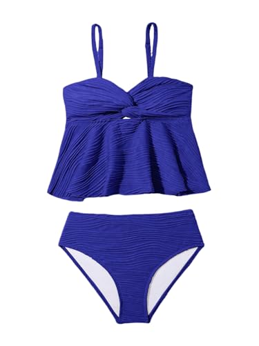 Image of OYOANGLE Girl's 2 Piece Tankini Swimsuit Textured Twist Front Ruched Ruffle Bikini Set Bathing Suits