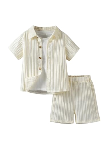 Image of SweatyRocks Boy's 2 Piece Summer Vacation Outfits Short Sleeve Collar Button Down Shirt and Shorts Clothing Set