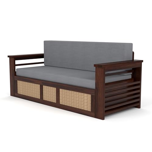 Image of Mamta Furniture Sheesham Wood Sofa Cum Bed with Storage Rattan Cane Design Wooden Sofa Set for Living Room Bedroom 3 Seater Convertible Sofa Bed in Walnut Finish