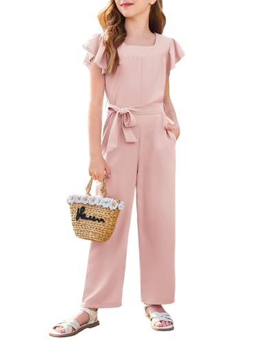 Haloumoning Girls Jumpsuit Kids Fashion Square Neck Ruffle Sleeve Belted Wide Leg Romper with Pockets