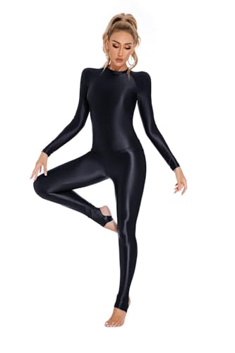 Yaaapiy Damen Glänzend Overalls Ganzkörper Anzug Body Einteiler Bodysuit Jumpsuit Glossy Glatt Strupmhose Leggings Unterwäsche (Schwarz, M)