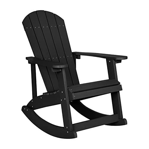 Flash Furniture Savannah All Weather Adirondack Rocking Chair, Polyresin Wood Adirondack Chair with 350-lb. Static Weight Capacity, Black