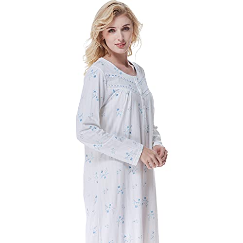 Keyocean Nightgowns For Women, Soft Lightweight 100% Cotton Long Sleeves Ladies Lounge-Wear Plus Size, Blue Floral, Xx-Large #TOP4
