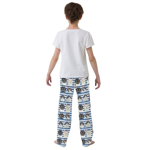 Cats on Blue and White Striped Pajamas Bottoms with Pockets Comfy Pjs Sleepwear Elastic Waistband Pajamas Pants Lounge Pants for 6-14 Years3