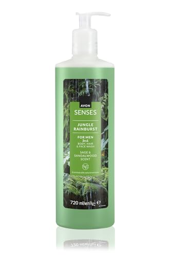 Avon Senses Jungle Rainburst Salbei und Sandelholz Duft Herren Haar und Körper Shampoo 720 Ml.