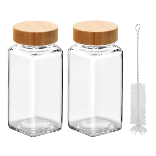 eispap 2Pcs 4oz Glass Spice Jars with Shaker Lids, Spice Jars Trial Set & Supplement Set, Empty Spice Containers and Square Spice Bottles for Kitchen (Bamboo Lids)
