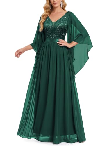Image of Miusol Women's Deep-V Neck Lace Contrast Sequin Formal Evening Maxi Dress