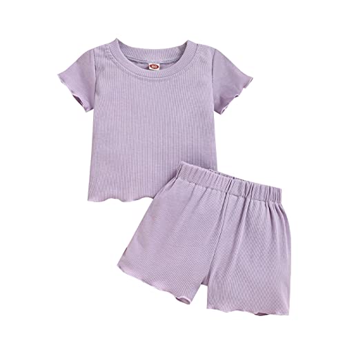 Image of Kupretty Toddler Baby Girl Summer Clothes Ruffle Ribbed Knit Short Sleeves T-Shirt Tee Tops + Shorts Cute Outfits Set
