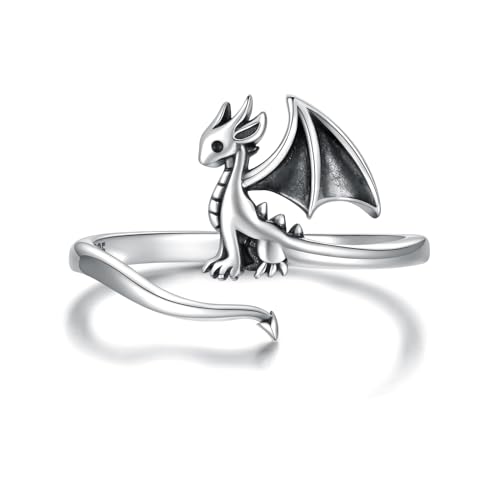 925 Sterling Silver Cow Cat Dinosaur Frog Horse Ring Adjustable Cute Cow Print Kitty Animal Lover Jewelry Gifts for Women Birthday (Dragon)