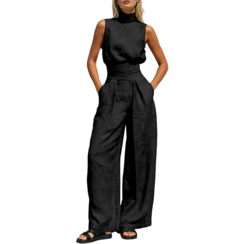 Tenue d'été 2 pièces en lin pour femme avec débardeur et pantalon large
