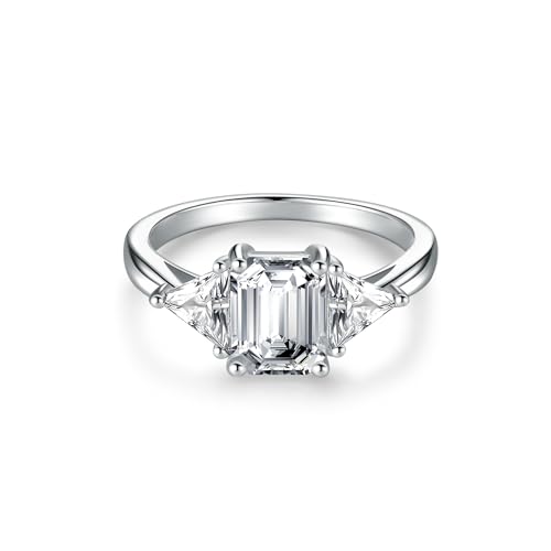 3CT Moissanite 3 Stone Emerald Cut Radiant Cut Moissanite Engagement Rings for Women, 2-1/2 Carat Sterling Silver with 18K White Gold Plated D Color VVS1 Clarity Wedding Ring Anniversary Promise Ring for Her Ring Size 5-9