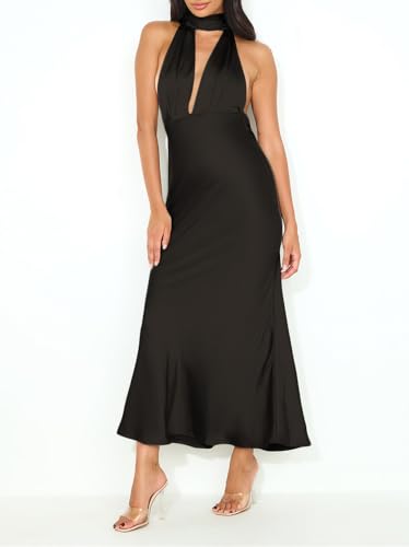 Image of 2026 Women's Satin Halter Deep V Neck Wedding Guest Maxi Dresses | Summer,Backless,Silky,Sleeveless,Open Back,Wedding Guest,Cocktail,Party,Date night,Engagement,Elegant,Long Dresses