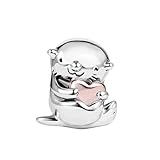 ZakiaHo Encantadores dijes de nutria para pulseras, cuentas de corazón de oro rosa, regalos de cumpleaños para mujeres, compatibles con pulseras Pandora, Cobre, No es una piedra preciosa