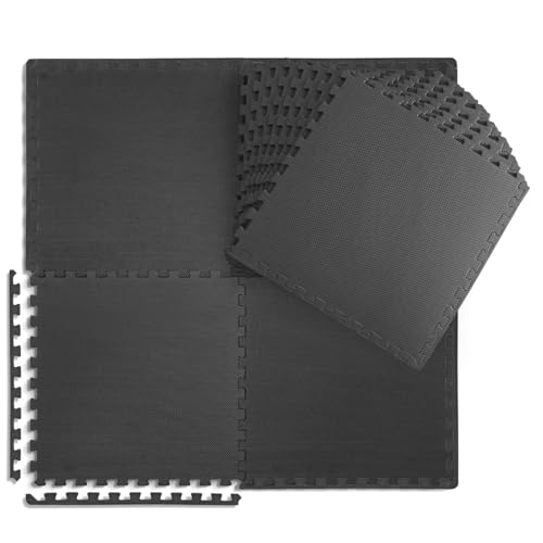 WF Athletic Supply 72 SQ.FT T-Pattern 3/4-Inch Thickness Interlocking Exercise Foam Mats, Extra Thick Eva Foam Flooring Tiles, Gym Fitness Equipment Mat, Home Protective Flooring Cushion, Black