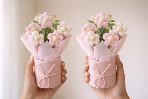 Image of Set of 2 Pink Crochet Flower Bouquet - Handmade Mini Knitted Daisy Flowers| Artificial Forever Flowers for Home Decor, Desk Decor, Birthday