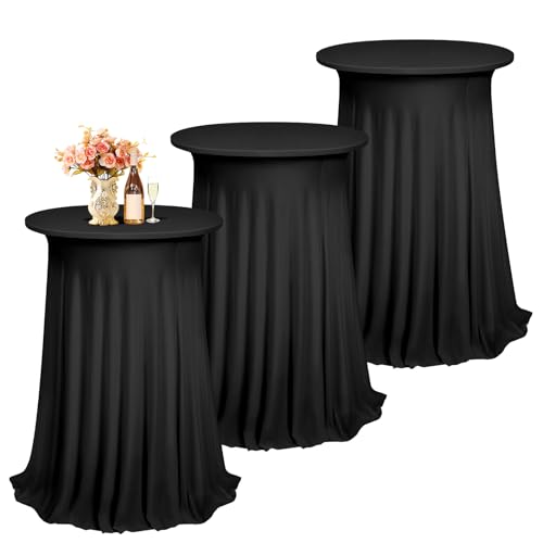Teruntrue Lot de 3 Housse Mange Debout Noir 80x110cm, Nappe Mange Debout pour Table Haute avec Jupe Ø80-85 cm, Extensibles en Spandex Nappe pour Cocktail pour...